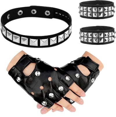 Dailygoods - 4-delige set punk-accessoires, punk-armband, handschoenen en halsband, zwart, gothic-outfit, verstelbare klinknagelarmband en halsband voor kostuumaccessoires, zwart, Eén maat