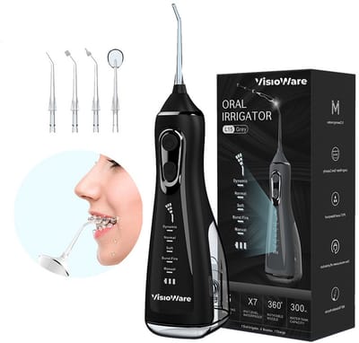 Visioware® Waterflosser – Monddouche – Elektrisch Flosapparaat – 5 Standen – 5 Opzetstukken – Draadloos & Oplaadbaar – Zwart