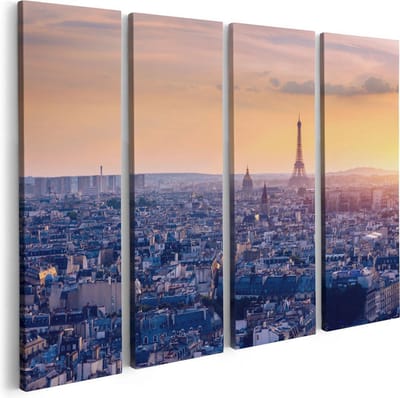 Artaza Canvas Schilderij Vierluik Skyline Van Parijs Tijdens Zonsondergang - 80x60 - Foto Op Canvas - Canvas Print
