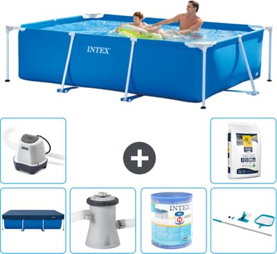 Intex Rechthoekig Frame Zwembad - 260 x 160 x 65 cm - Blauw - Inclusief Afdekzeil - Zwembadfilterpomp - Filter - Schoonmaakset - Zoutwatersysteem - Zwembadzout - 7-delig