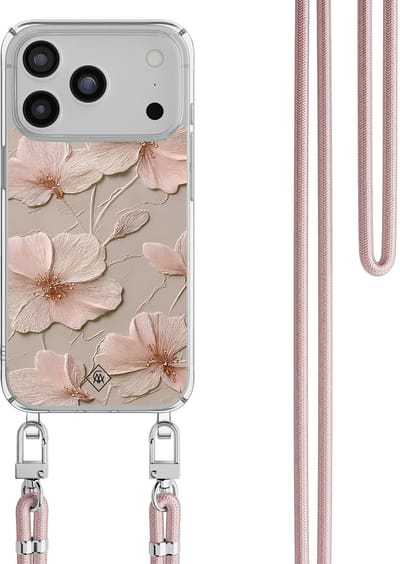 Casimoda® hoesje met rosegoud koord - Geschikt voor iPhone 17 Pro - Soft Flowers - Afneembaar koord - TPU/polycarbonaat - Bruin/beige