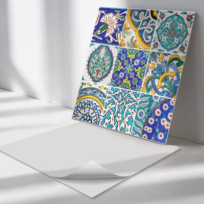 Wallfluent Vinyl Tegels - Keramische Patronen in Mozaïek Vloer Tegels PVC - 30 cm x 30 cm - Blauw PVC Tegels - 9 stuks - Vierkant PVC Tegels - Texturen Plaktegels - Zelfklevende PVC Tegels - Plaktegels Keuken en Badkamer