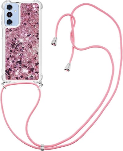 Coverup Hoesje - Geschikt voor Samsung Galaxy A15 Hoesje - Coverup Liquid Glitter Back Cover met Koord - Rose Gold