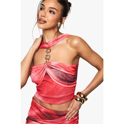 boohoo Dames Bedrukte getextureerde mesh halternek top met trimdetail | Pink | Maat: 6