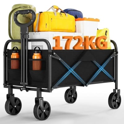HOERFURIY Bolderkar Opvouwbaar – 220L/172 kg Draagvermogen – 600D Oxford Stof + Stalen Frame – 5 inch 360º Wielen – Inklapbare Bolderwagen met Verstelbare Hendel – 73 x 46,5 x 89,5 cm–Trekwagen Voor Camping, Strand – Zwart