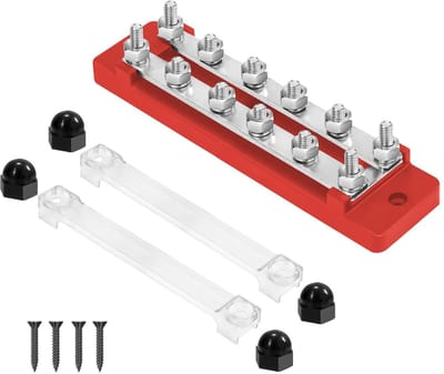 Stroomverdelerblok voor Auto en Boot - 12V-48V, 150A - 2-weg verdeelkast met M6-klembouten - Rood.