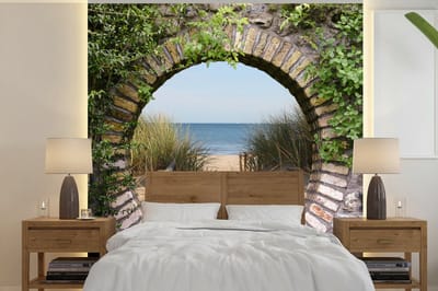 Behang - Fotobehang Doorkijk - Strand - Duin - Zomer - Breedte 300 cm x hoogte 300 cm