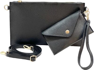 Zwarte Leren Schoudertas & Etui - Extra Polsbandje & Etui - Leren Clutches - Italiaans Leder - Zwart