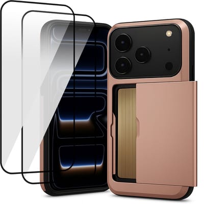 Hoesje met Pasjeshouder geschikt voor iPhone 17 Pro - 2x Screen Protector FullGuard - Back Cover SlideCase Roségoud & Screenprotector