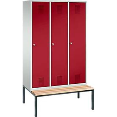 kleerkast Evolo S 3000, bankje eronder, 3 compartimenten, staal, cilinderslot, lichtgrijs/rood, lichtgrijs/rood