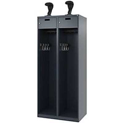 Brandweerkluis C+P Evolo PRAKTUS, 2 vakken, helmhouder, met sokkel, vloerglijders, B 800 x D 500 x H 1850 mm, RAL 7016 antracietgrijs