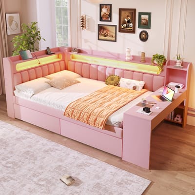 Dagbed 140x200 - Gestoffeerd Bed met USB, LED-Verlichting, Bureau en 2 Laden - Roze - Multifunctioneel Design met 7 Kleuren