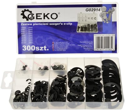 GEKO E-clip set - roestvrij staal - 300 stuks - 9 maten - met opbergdoos