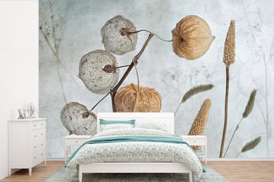 Behang - Fotobehang Stilleven - Natuur - Herfst - Droogbloemen - Bruin - Breedte 360 cm x hoogte 240 cm