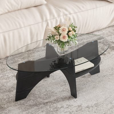 STILVORA Salontafel 104,9 X 60 X 35,6 Cm - Ovale Glasplaat Van Veiligheidsglas - Waaieronderstel Van MDF - Voor Woonkamer En Balkon - Zwart Transparant