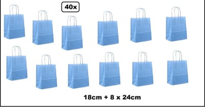 40x Koordtas papier lichtblauw 18cmx8cmx23cm - goodiebag|papieren|draagtas|tas|koord|festival|kado|themafeest|party|geschenken