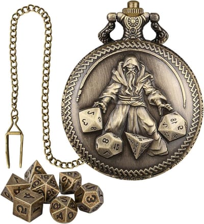 Dobbelstenenset - Met zakhorloge - Spel accessoires - Metalen uitvoering - 7 stuks - Goudkleurig