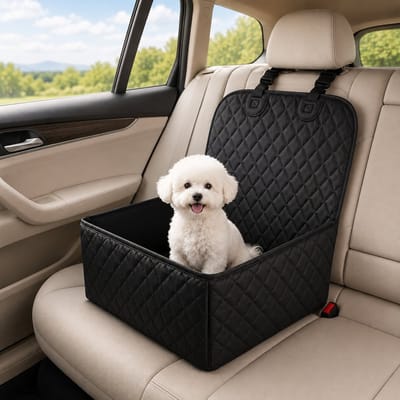 PolkaHome Autostoel voor Kleine Honden en Katten – Luxe Hondenautostoel Zwart – Veilige Hondenmand voor Auto – Huisdierstoel met Verhoogde Randen – Reisbed voor Hond & Kat – 50 x 41 x 24 cm