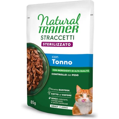 Voordeelverpakking 48x 85g Natural Trainer Stracceti Adult Gesteriliseerde repen in saus Tonijn nat kattenvoer