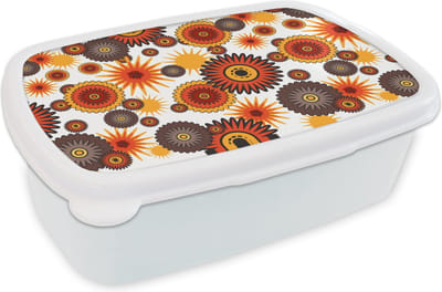 Broodtrommel Wit - Lunchbox Design - Retro - Oranje - Bloemen - Brooddoos 18x12x6 cm - Brood lunch box - Broodtrommels voor kinderen en volwassenen