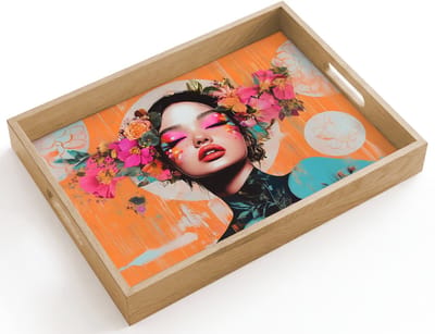 Dienblad hout 40x30 cm - Schootdienblad - Portret - Vrouw - Abstract - Bloemen - Borrelplank rechthoek - Plateau dienbladen
