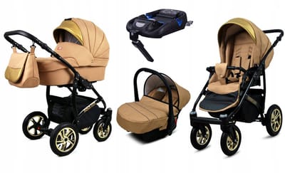BabyLux® Kinderwagen 4in1 – GOLDLUX - SAND PEARL BLACK FRAME - Opklapbare Wandelwagen incl. Reiswieg, Multifunctionele Buggy Sportstoel, Autostoel, ISOFIX basisstation - Combi-kinderwagen met Luiertas, Regenhoes, Klamboe