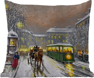Buitenkussen - Schilderij - Olieverf - Winter - Tram - Paard - 45x45 cm - Weerbestendig
