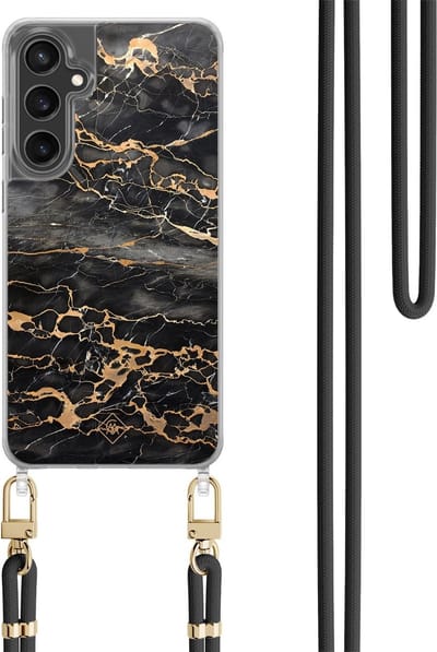 Casimoda® hoesje met koord - Geschikt voor Samsung S24 FE - Marmer Grijs Brons - Afneembaar koord - TPU/polycarbonaat - Zwart