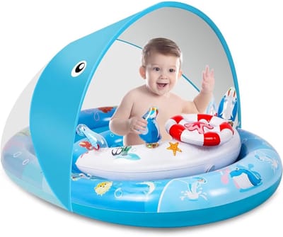 BIXc®- Zwemring voor baby's, luchtbed, afneembaar zonnedak, babyzwemring vanaf 6 maanden, verstelbaar veiligheidszitje, zwemband voor kinderen, 6 - 36 maanden luchtbed