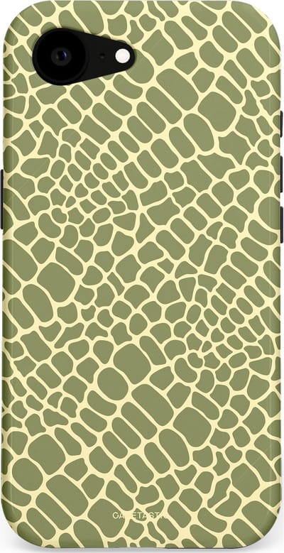 Casetastic hoesje geschikt voor Apple iPhone 16e / Apple iPhone 17e - MagSafe - Dubbellaagse bescherming - Exotische Groen Geel Krokodillen Schubben - Fashion Case - Saliegroen Beige