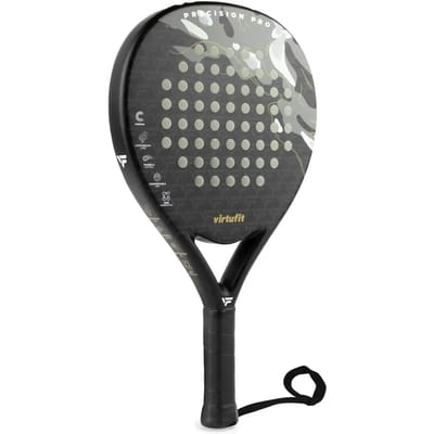 VirtuFit Precision Pro Padel Racket - Zwart / Goud - Druppelvormig Blad - 365 gram - EVA Soft Kern - Carbon Fiber - Met Polskoord - Voor Gemiddelde & Gevorderde Spelers