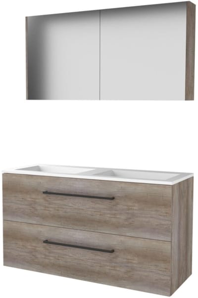 Basic-Line Comfort 46 Badkamermeubelset - 120 x 46 cm - Met Grepen - 2 Lades - Acryl Wastafel - Zonder Kraangat - Spiegelkast - Scotch Oak