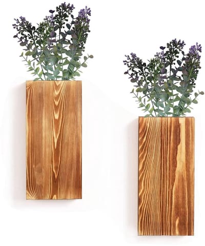 MTTProducts - Wandvaas - Set van 2 Wandplanten - Houten Decoratie - Natuurlijk Hout Kleur - Kunstplanten - Ideaal voor Woonkamer en Slaapkamer