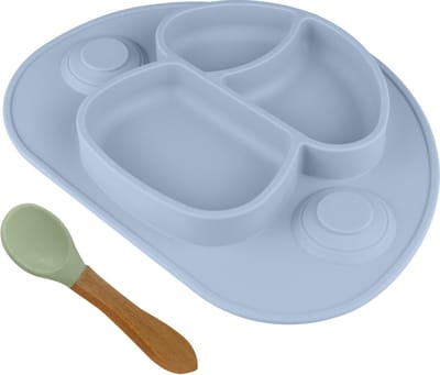 Nevi Kinderbord met Zuignap - Siliconen Babybord met Vakjes en Lepel - BPA vrij - Hemelblauw