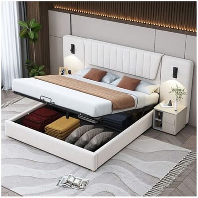 Merax Opbergbed 180 x 200 cm met extra lange rugleuning, leeslamp en USB-aansluiting - Kleur fluweel - beige (zonder matras)
