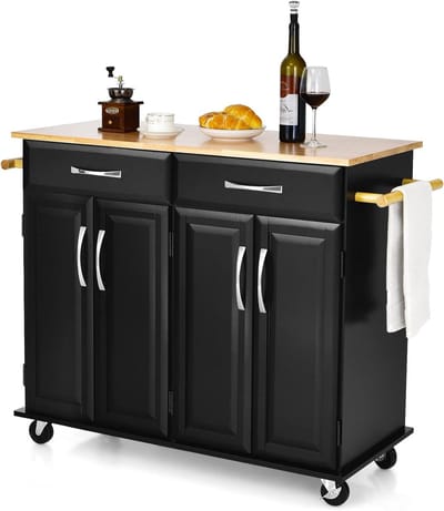 Keukenwagen met Wielen, Multifunctioneel Keuken Eiland, Rubber Houten Werkblad, 2 Lades, 2 Handdoekhouders, 2 Kasten en Verstelbare Planken voor Keuken en Eetkamer (Zwart)