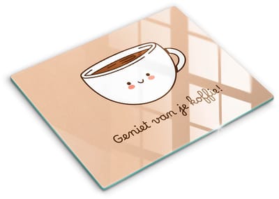 Wallfluent Glazen Snijplanken - Motief: Lekker kopje koffie! Snijplanken Glas - 40 cm x 52 cm - Bruin Snijplanken van Glas - Glazen Snijplank - Decoratieve Glazen Snijplank - Glazen Snijplank met Antislip