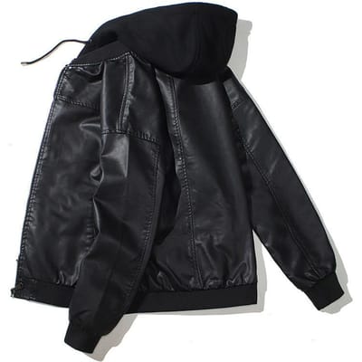 Heren Jas met Capuchon PU Leer Motorjas met Capuchon Heren Jeugd Leren Jas met Katoen Verdikte Jas M black