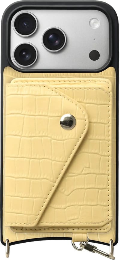AVY Leren Hoesje Geschikt voor Apple iPhone 17 Pro | Met Magnetische Kaarthouder | Compatibel met MagSafe | Leather Case met Wallet | Croco Geel