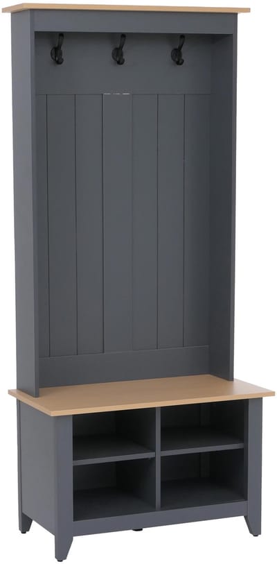 Garderobekast MCW-P28, staande garderobekast met schoenenrek en zitbank, 3 haken, 4 opbergvakken, melamine, 170 x 76 x 39 cm ~ donkergrijs, naturel
