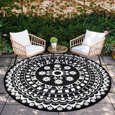 Tapijten Ronde 180cm Waterdicht Outdoor Terras Tapijt Omkeerbaar Picknickmat Draagbaar UV-bestendig Kunststof Rieten Tapijt Binnen Buiten Ronde Vloerkleed voor Tent, RV