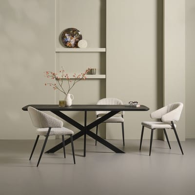 Eettafel Holendrecht - Hout - Zwart - 200x77x100 cm (BxHxD) - Zwart Metalen Spinpoten - Licht Geborsteld en Gelakt blad