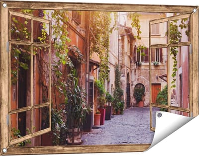 Gards Tuinposter Doorkijk Straatje in Rome met Groene Planten - 90x60 cm - Tuindoek - Tuindecoratie - Wanddecoratie buiten - Tuinschilderij