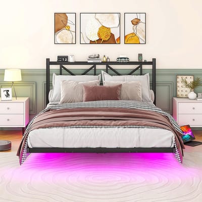 BLACKCOLORS 140 x 200 cm, tweepersoonsbedframe, bedframe met ledverlichting en oplaadstation, bedframe met hoofdeinde, hangend bedframe, metalen bed, robuust en stabiel tweepersoonsbed, eenvoudige montage (zonder matras)