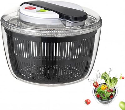 Salad Spinner met Deksel - 21 cm - Links- en Rechtsdraaiend - Kunststof Zeef voor Slacentrifuge of Vergiet voor Groenten, Fruit, Penne - Keukengereedschap voor Het Maken van Salades - Zwart