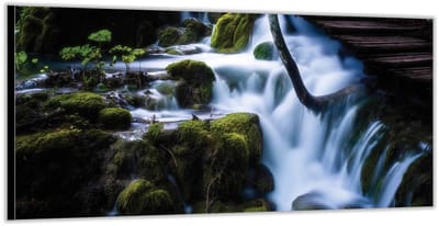 KuijsFotoprint - Schilderij - Watervallen Met Een Brug - Groen En Bruin - 100 X 200 Cm
