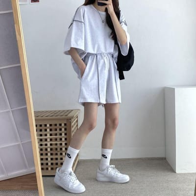 Costume avec coton pour femme, ensemble deux pièces à manches courtes et short, étudiant, couple, été coréen, décontracté, sportswear, ample One size