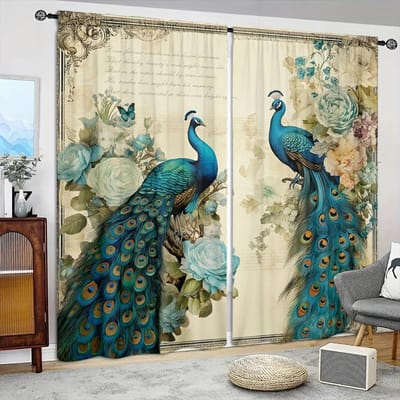 2 stuks Gordijn met Pauwstijl Print voor Huisdecoratie - Tunnel voor Roede Raambekleding voor Slaapkamer, Kantoor, Keuken, Woonkamer en Studiekamer 52.5cmX116cmX2pcs gray