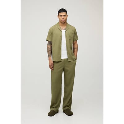 Regular Fit Onregelmatige Plooitextuur Korte Mouw Shirt En Ontspannen Broek Set | Olive | Size XS