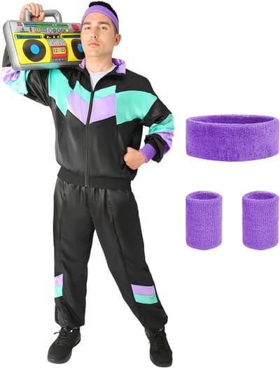 Retro 90s en 80s Kostuum Accessoire Set voor Volwassenen - 5-Delige Unisex Disco Outfit met Trainingspak, Jas, Broek, Armband en Haarband voor Themafeesten en Carnavalsvieringen